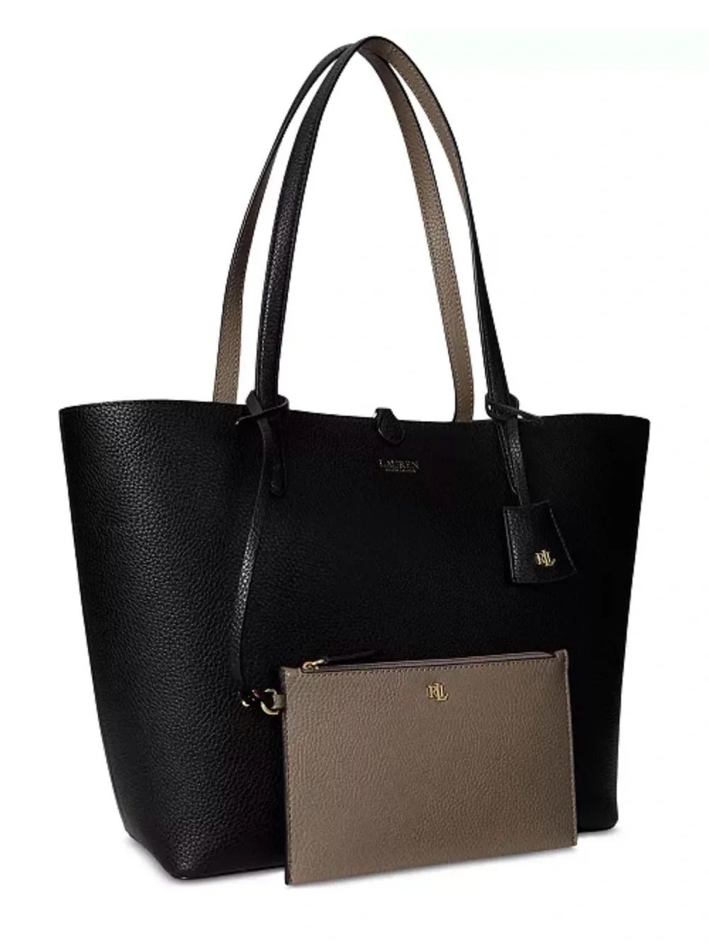 Lauren Ralph Lauren Reversible Large Tote Bag Faux Leather Black/Taupe w/Pouch